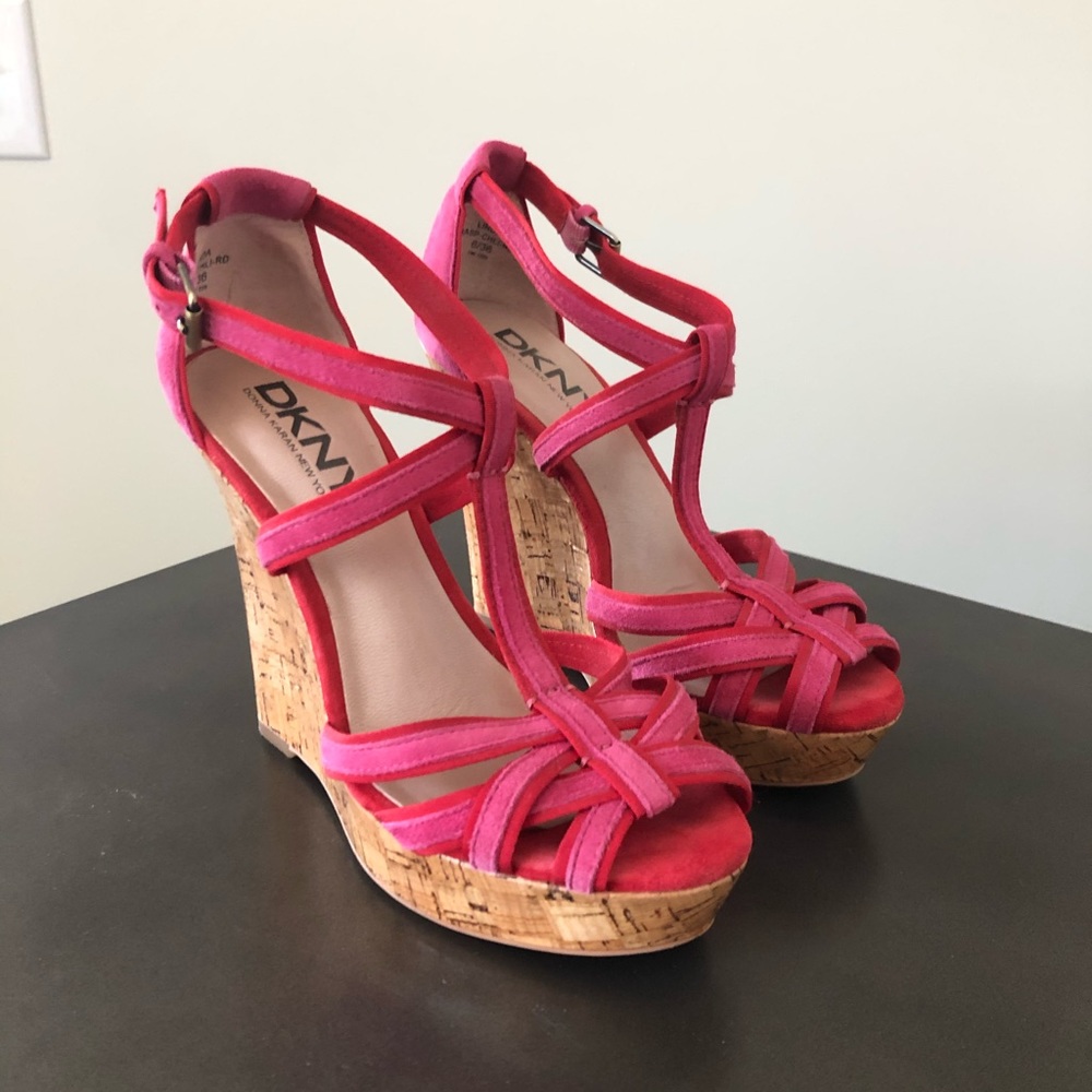 pink and red DNKY cork shoes